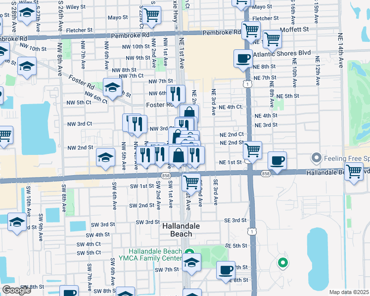 map of restaurants, bars, coffee shops, grocery stores, and more near 131 Northeast 1st Avenue in Hallandale Beach