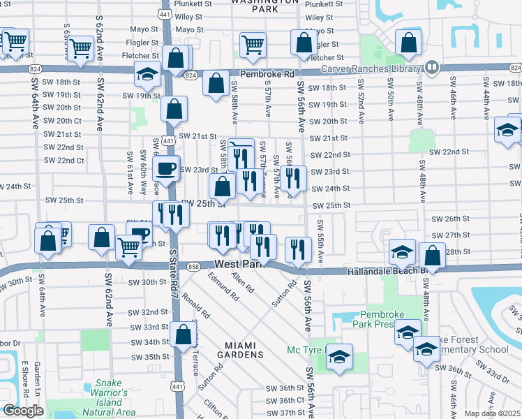 map of restaurants, bars, coffee shops, grocery stores, and more near 5780 Southwest 25th Street in West Park