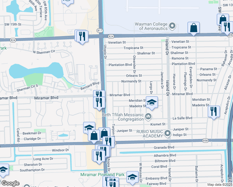 map of restaurants, bars, coffee shops, grocery stores, and more near 2440 Sabal Palm Drive in Miramar