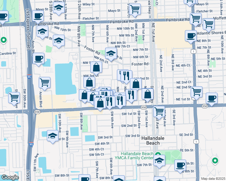 map of restaurants, bars, coffee shops, grocery stores, and more near 136 Northwest 6th Avenue in Hallandale Beach