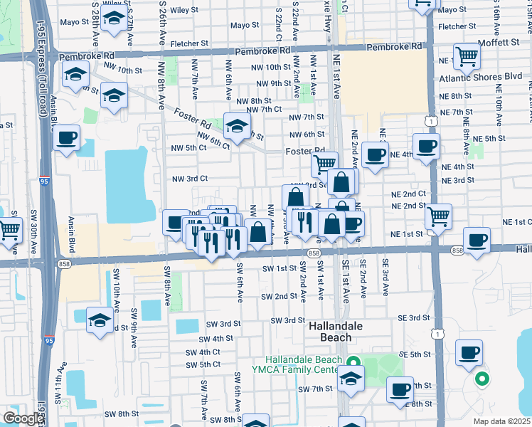 map of restaurants, bars, coffee shops, grocery stores, and more near 401 Northwest 2nd Street in Hallandale Beach