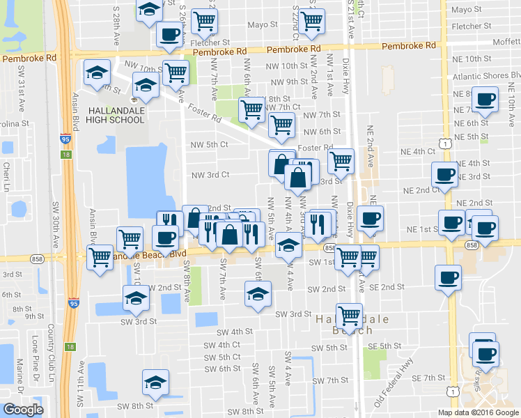map of restaurants, bars, coffee shops, grocery stores, and more near 136 Northwest 6th Avenue in Hallandale Beach