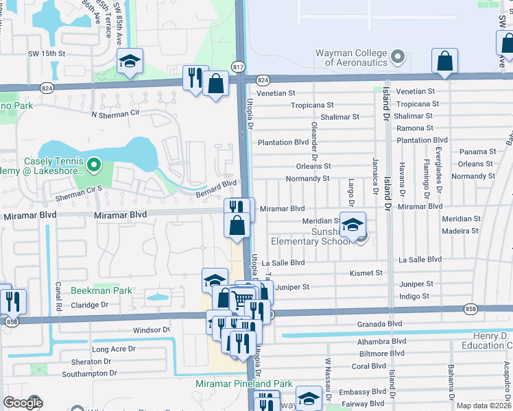 map of restaurants, bars, coffee shops, grocery stores, and more near 2441 Utopia Drive in Miramar