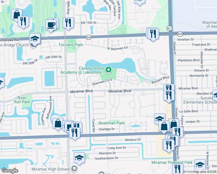 map of restaurants, bars, coffee shops, grocery stores, and more near 2440 Southwest 85th Terrace in Miramar