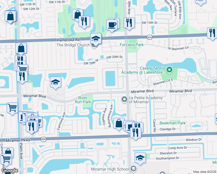 map of restaurants, bars, coffee shops, grocery stores, and more near 9131 South Lake Miramar Circle in Miramar