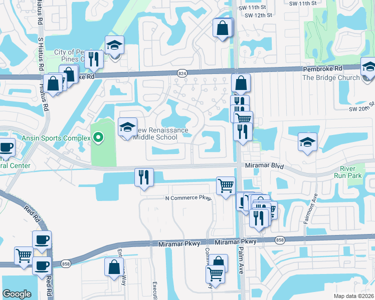 map of restaurants, bars, coffee shops, grocery stores, and more near 2436 Southwest 103rd Avenue in Miramar