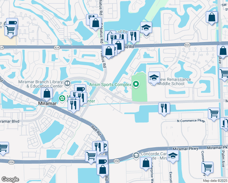 map of restaurants, bars, coffee shops, grocery stores, and more near 2440 West Preserve Way in Miramar