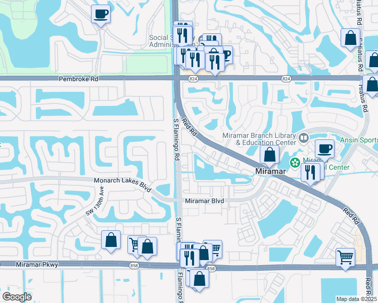 map of restaurants, bars, coffee shops, grocery stores, and more near 2464 Centergate Drive in Miramar
