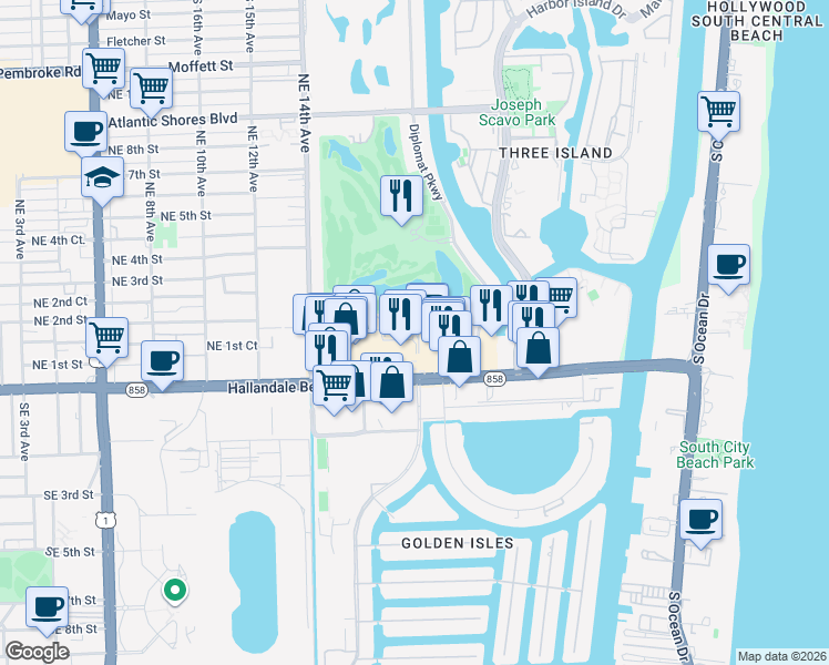 map of restaurants, bars, coffee shops, grocery stores, and more near 1733 East Hallandale Beach Boulevard in Hallandale Beach