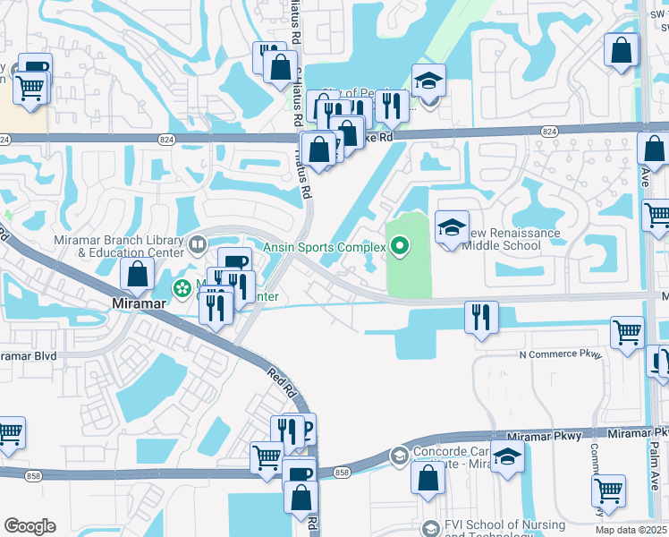 map of restaurants, bars, coffee shops, grocery stores, and more near 2440 West Preserve Way in Miramar