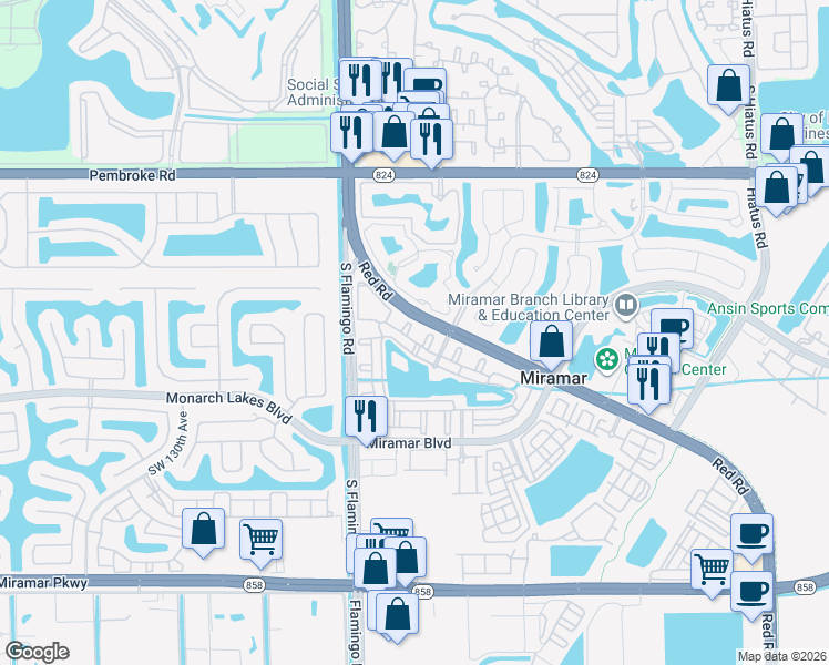 map of restaurants, bars, coffee shops, grocery stores, and more near 2451 Centergate Drive in Miramar