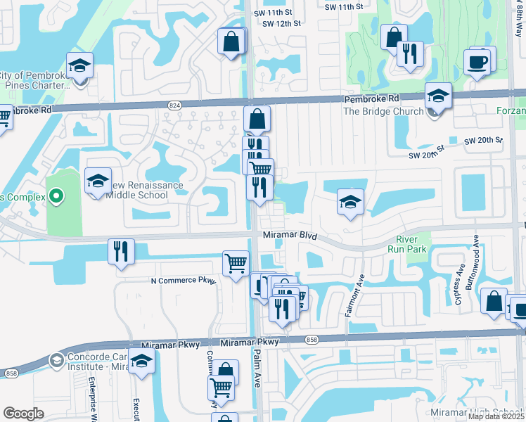 map of restaurants, bars, coffee shops, grocery stores, and more near 2351 Palm Avenue in Miramar