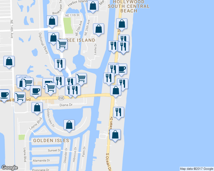 map of restaurants, bars, coffee shops, grocery stores, and more near 4010 South Ocean Drive in Hollywood