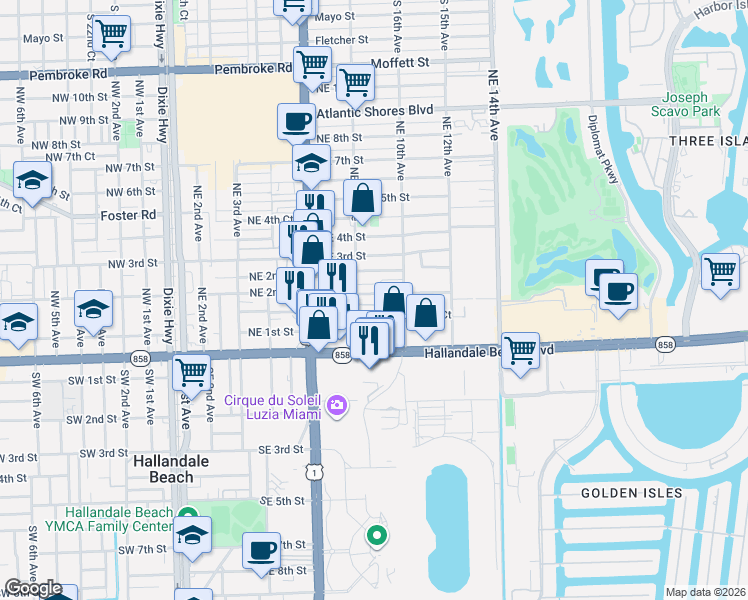 map of restaurants, bars, coffee shops, grocery stores, and more near 161 Northeast 10th Avenue in Hallandale Beach