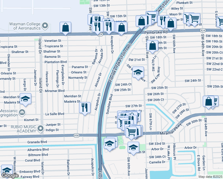 map of restaurants, bars, coffee shops, grocery stores, and more near 2506 Sunshine Boulevard in Miramar