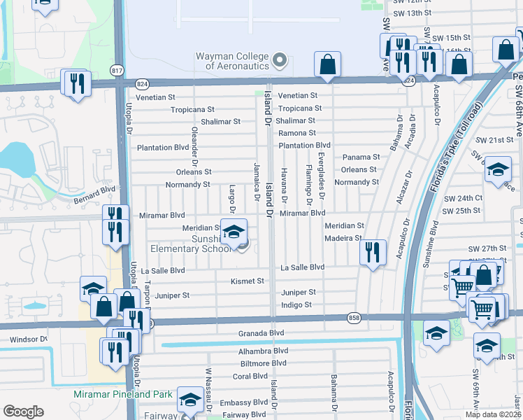 map of restaurants, bars, coffee shops, grocery stores, and more near 2440 Jamaica Drive in Miramar