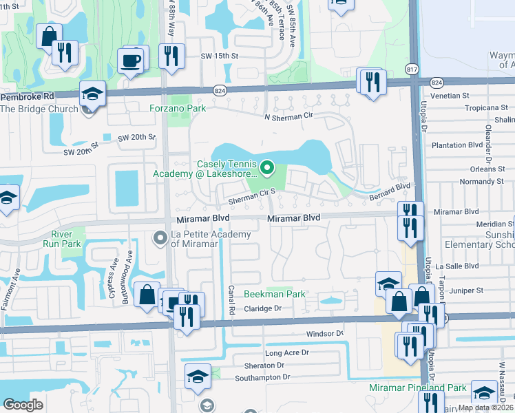 map of restaurants, bars, coffee shops, grocery stores, and more near 2440 Southwest 85th Terrace in Miramar