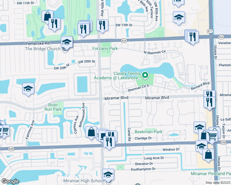 map of restaurants, bars, coffee shops, grocery stores, and more near 2411 87th Terrace in Miramar