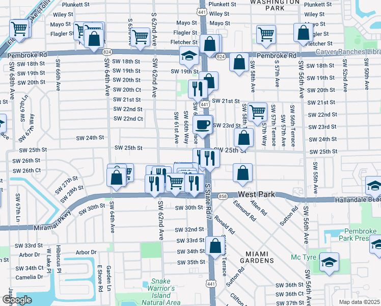map of restaurants, bars, coffee shops, grocery stores, and more near 6032 Southwest 25th Street in Miramar