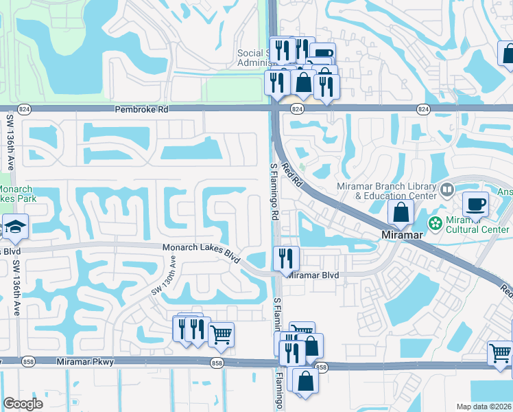 map of restaurants, bars, coffee shops, grocery stores, and more near 2249 Southwest 126th Avenue in Miramar
