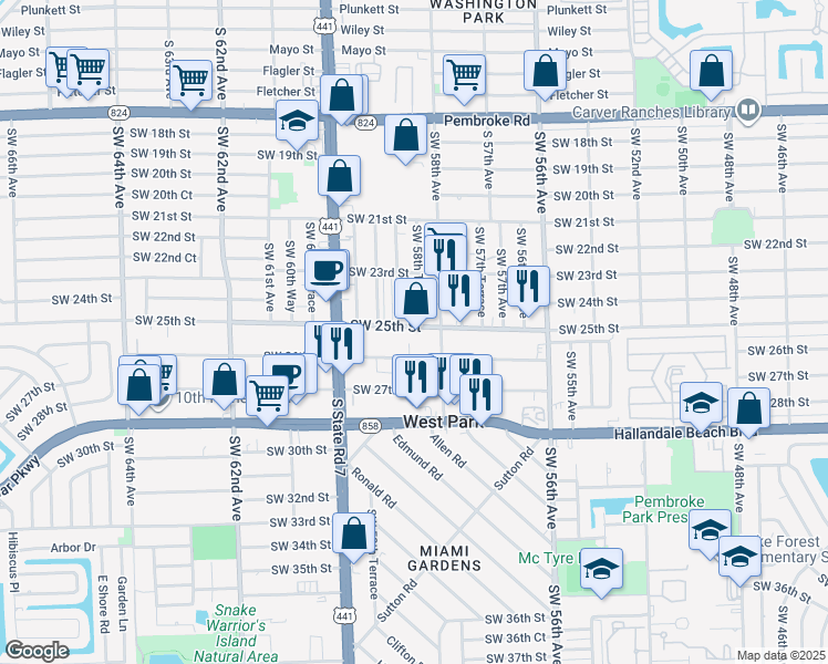 map of restaurants, bars, coffee shops, grocery stores, and more near 5820 Southwest 25th Street in West Park