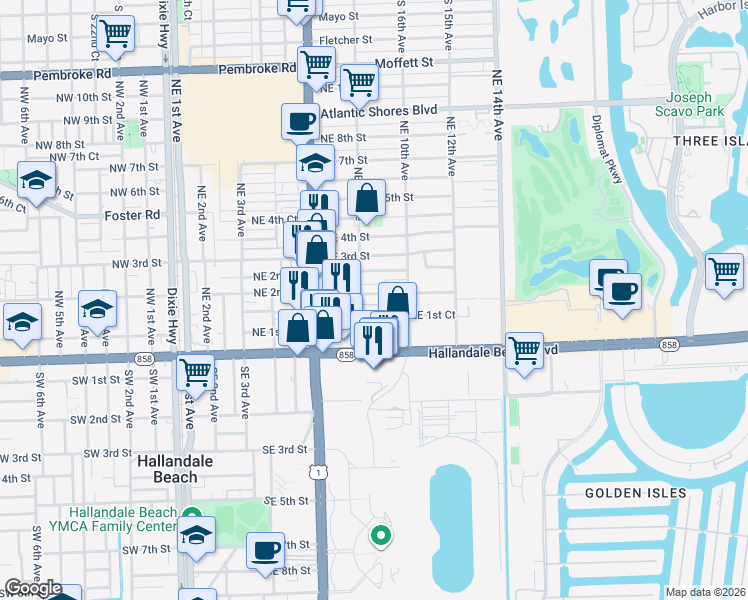 map of restaurants, bars, coffee shops, grocery stores, and more near 800 Northeast 2nd Street in Hallandale Beach