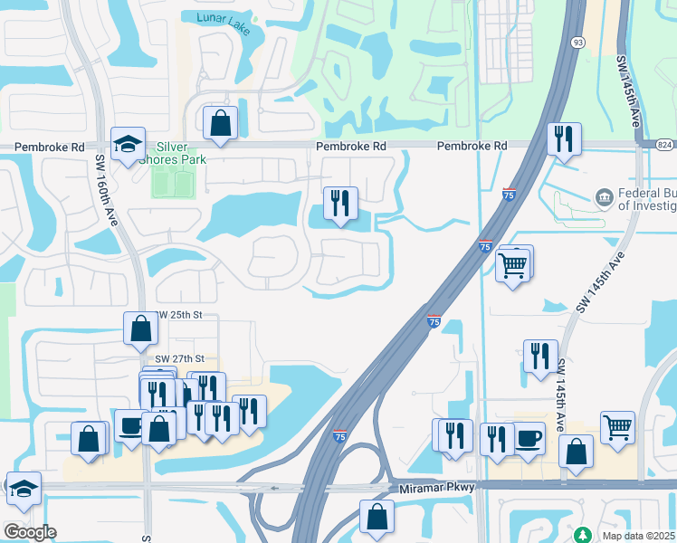 map of restaurants, bars, coffee shops, grocery stores, and more near 2145 Southwest 150th Avenue in Miramar