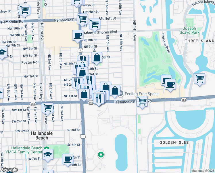 map of restaurants, bars, coffee shops, grocery stores, and more near 916 Northeast 2nd Street in Hallandale Beach