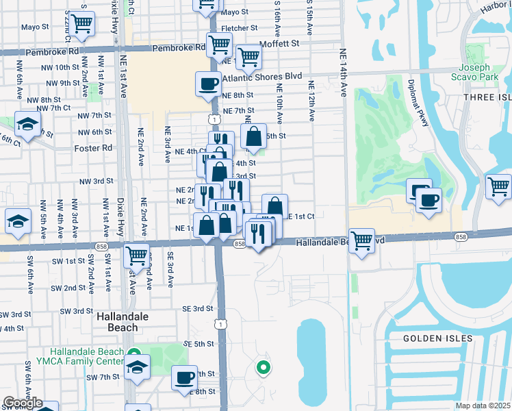 map of restaurants, bars, coffee shops, grocery stores, and more near 800 Northeast 2nd Street in Hallandale Beach