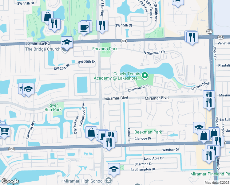 map of restaurants, bars, coffee shops, grocery stores, and more near 2411 87th Terrace in Miramar