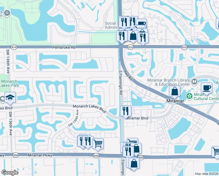 map of restaurants, bars, coffee shops, grocery stores, and more near 2249 Southwest 126th Avenue in Miramar