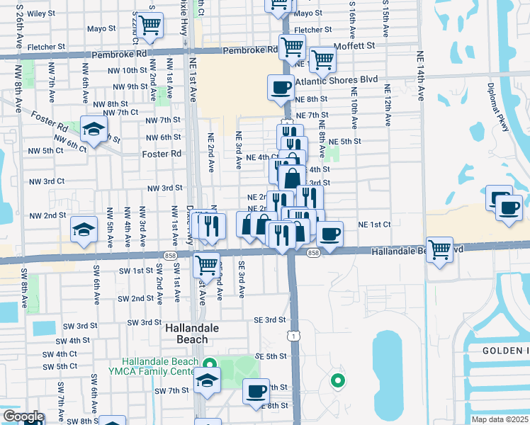 map of restaurants, bars, coffee shops, grocery stores, and more near 401 Northeast 1st Court in Hallandale Beach