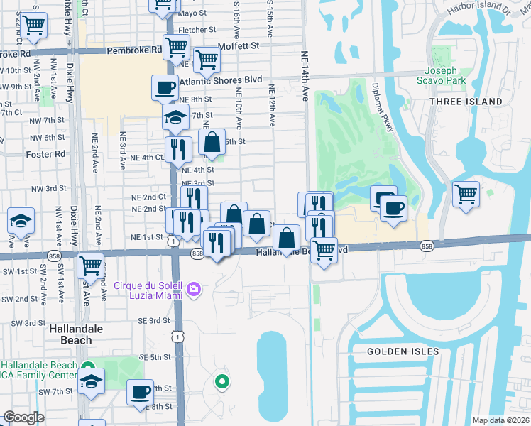 map of restaurants, bars, coffee shops, grocery stores, and more near 1017 Northeast 1st Court in Hallandale Beach