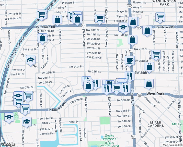 map of restaurants, bars, coffee shops, grocery stores, and more near 6321 Southwest 26th Street in Miramar