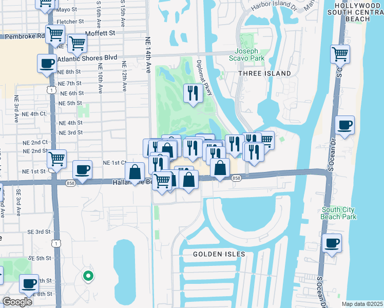 map of restaurants, bars, coffee shops, grocery stores, and more near 1701 East Hallandale Beach Boulevard in Hallandale Beach