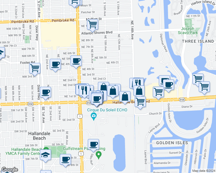 map of restaurants, bars, coffee shops, grocery stores, and more near 1017 Northeast 1st Court in Hallandale Beach