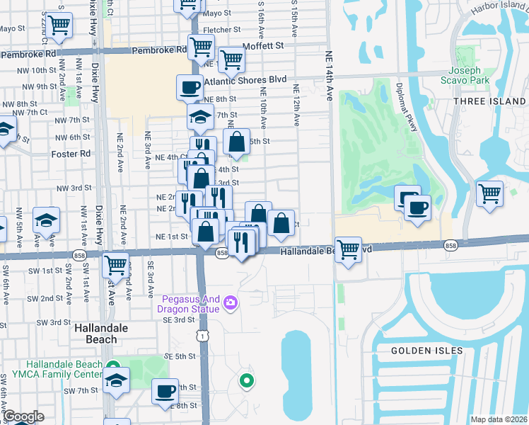 map of restaurants, bars, coffee shops, grocery stores, and more near 161 Northeast 10th Avenue in Hallandale Beach