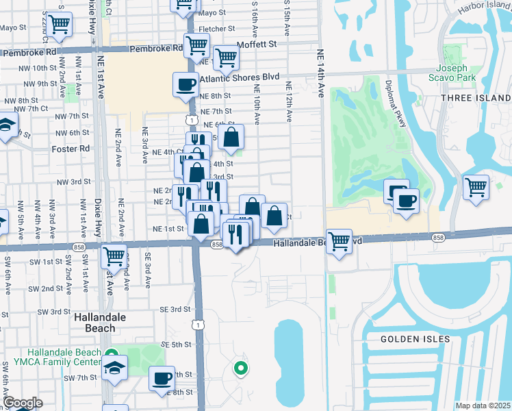 map of restaurants, bars, coffee shops, grocery stores, and more near 161 Northeast 10th Avenue in Hallandale Beach