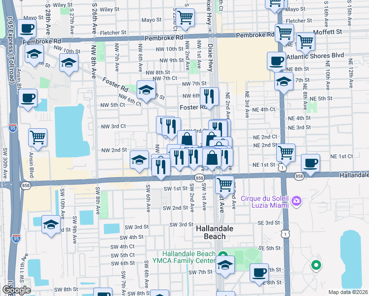 map of restaurants, bars, coffee shops, grocery stores, and more near 129 Northwest 2nd Avenue in Hallandale Beach