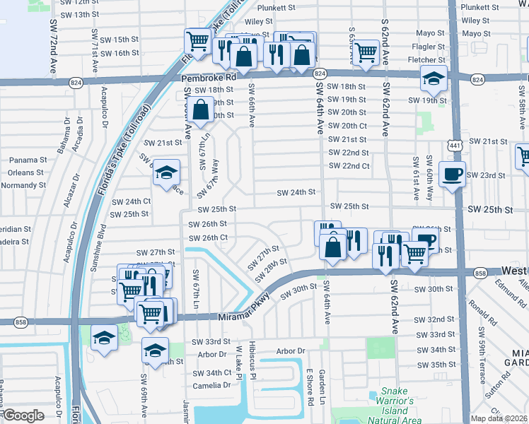 map of restaurants, bars, coffee shops, grocery stores, and more near 6492 Southwest 25th Street in Miramar
