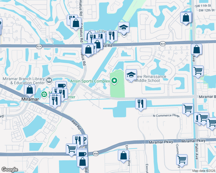map of restaurants, bars, coffee shops, grocery stores, and more near 2280 East Preserve Way in Miramar