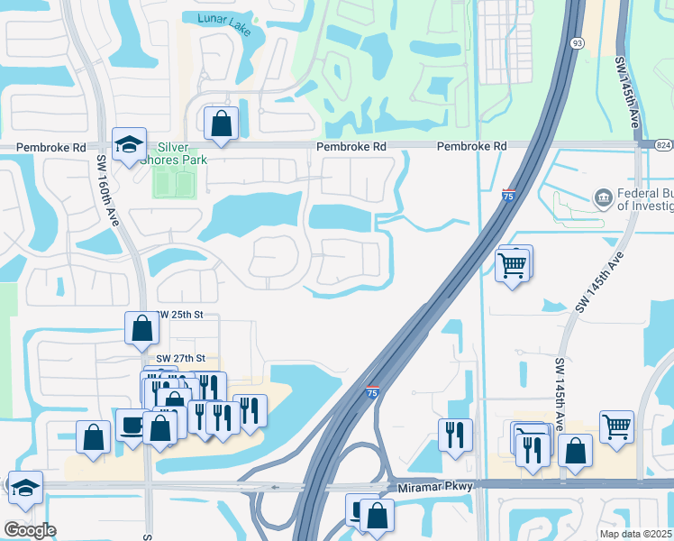 map of restaurants, bars, coffee shops, grocery stores, and more near 2175 Southwest 150th Avenue in Miramar