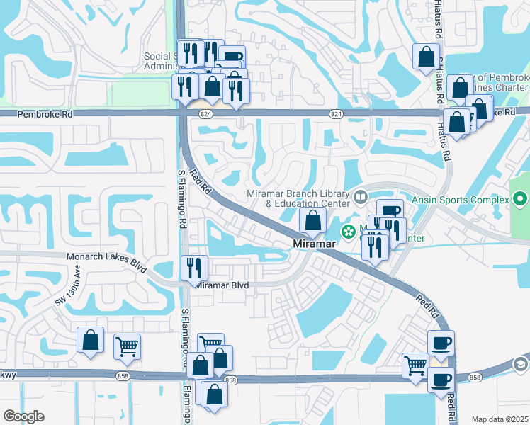 map of restaurants, bars, coffee shops, grocery stores, and more near 11960 Southwest 23rd Street in Miramar