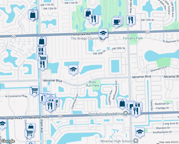 map of restaurants, bars, coffee shops, grocery stores, and more near 9410 Belaire Drive in Miramar