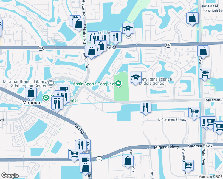 map of restaurants, bars, coffee shops, grocery stores, and more near 2280 East Preserve Way in Miramar