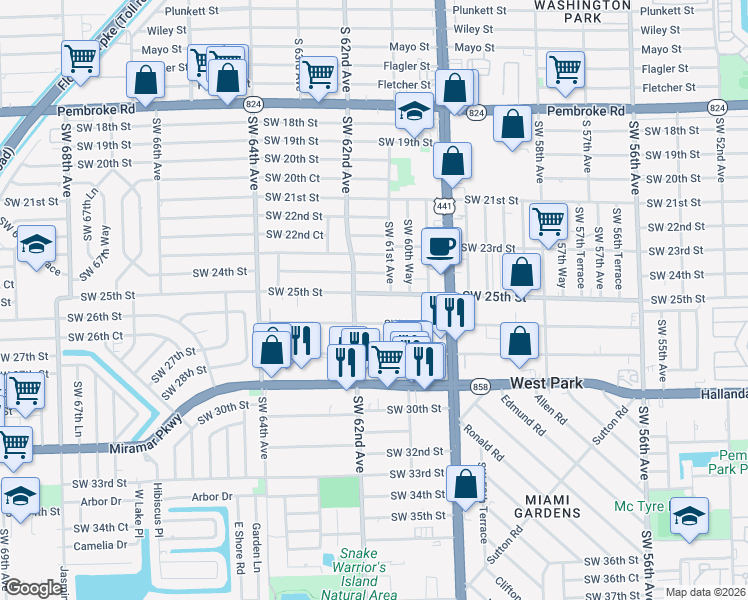 map of restaurants, bars, coffee shops, grocery stores, and more near 6110 Southwest 25th Street in Miramar
