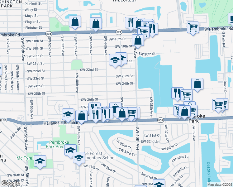 map of restaurants, bars, coffee shops, grocery stores, and more near 4211 Southwest 26th Street in West Park