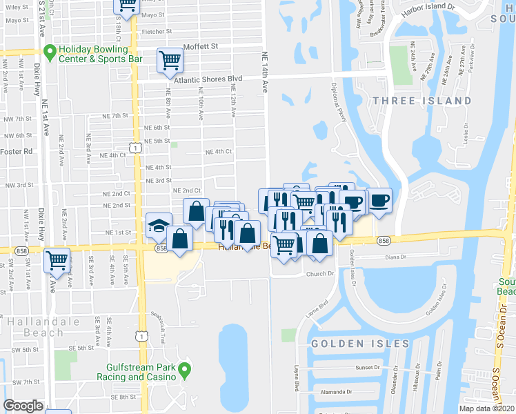 map of restaurants, bars, coffee shops, grocery stores, and more near 1333 East Hallandale Beach Boulevard in Hallandale Beach