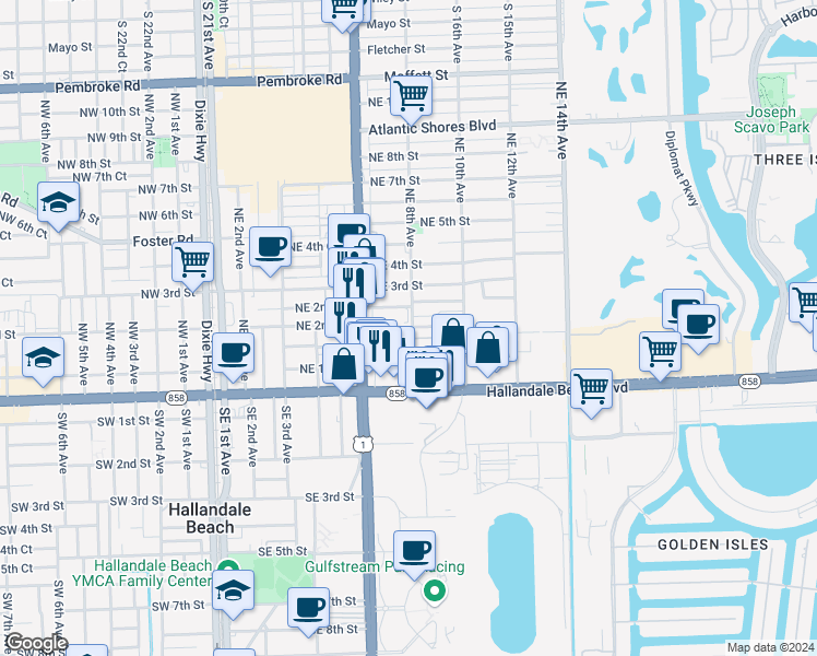 map of restaurants, bars, coffee shops, grocery stores, and more near 800 Northeast 2nd Street in Hallandale Beach