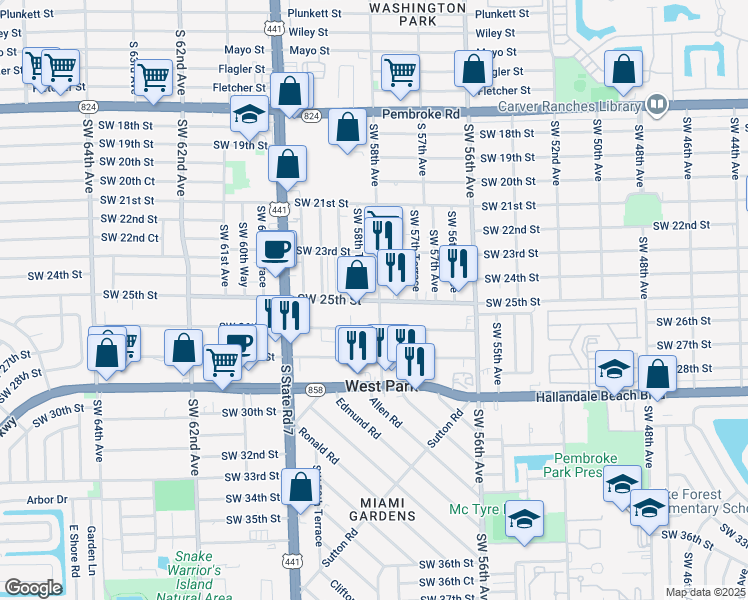 map of restaurants, bars, coffee shops, grocery stores, and more near 5820 Southwest 25th Street in West Park